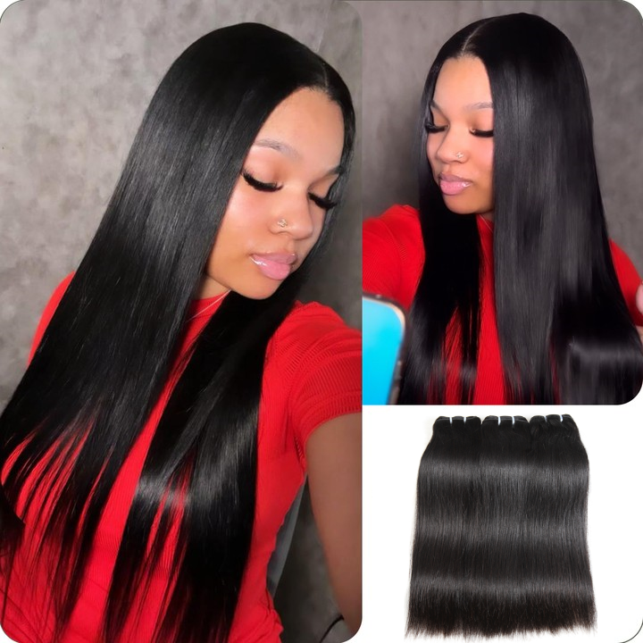 Natural Black #1B human hair bundles in sleek straight style, available in 12 to 36 inches from mysite.