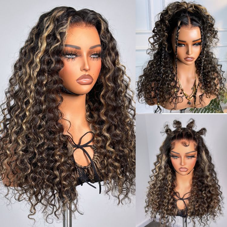 Onimehair™ Scalp Care Wigs - Blonde Highlight Water Wave Snugfit Glueless 5x5 Closure Lace Long Curly Wig Pre-Cut Lace