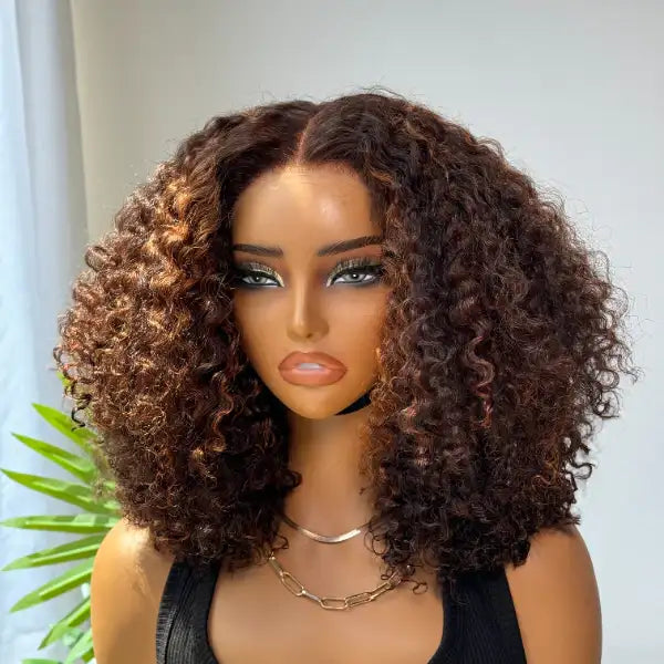 Onimehair™180% Density Copper Highlight Kinky Curly Glueless 5x5 Lace Closure Wig