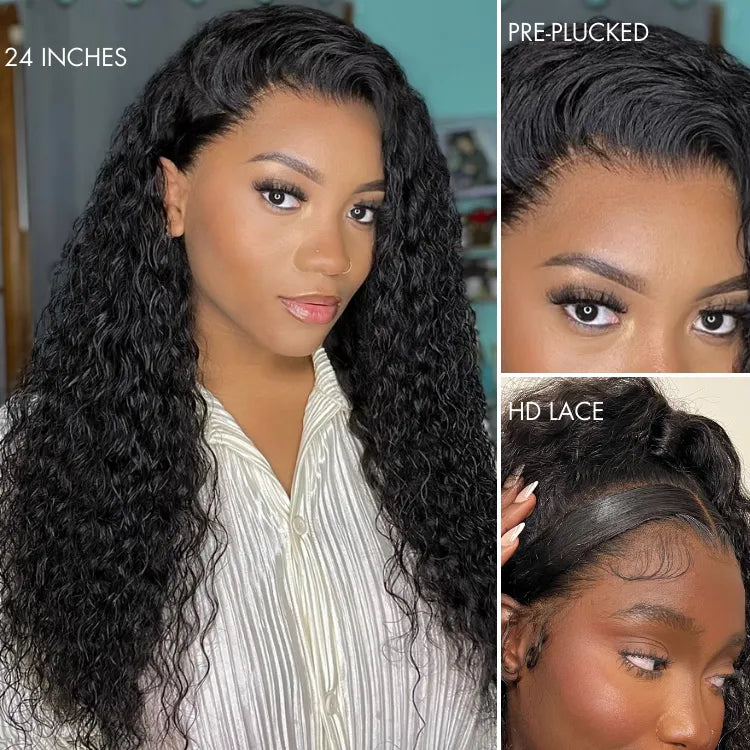 Onimehair™180% Density Water Wave 13x4 HD Lace Front Free Part Glueless Human Hair Wig Pre Cut Lace