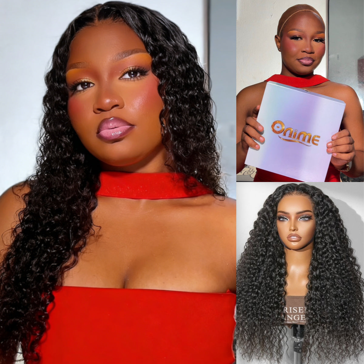 Onimehair Water Wave Glueless 250% Density Curly Lace Frontal Wig with drawstring, pre-cut lace, and fluffy texture.