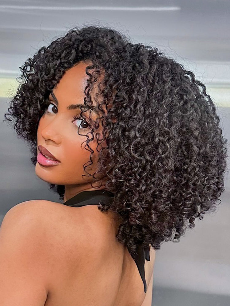 Onimehair™ 3 In 1 Half Wig Layered Curly Bob Pre-Styled Kinky Curly Half Wig Draw-strings Flip Over Wig