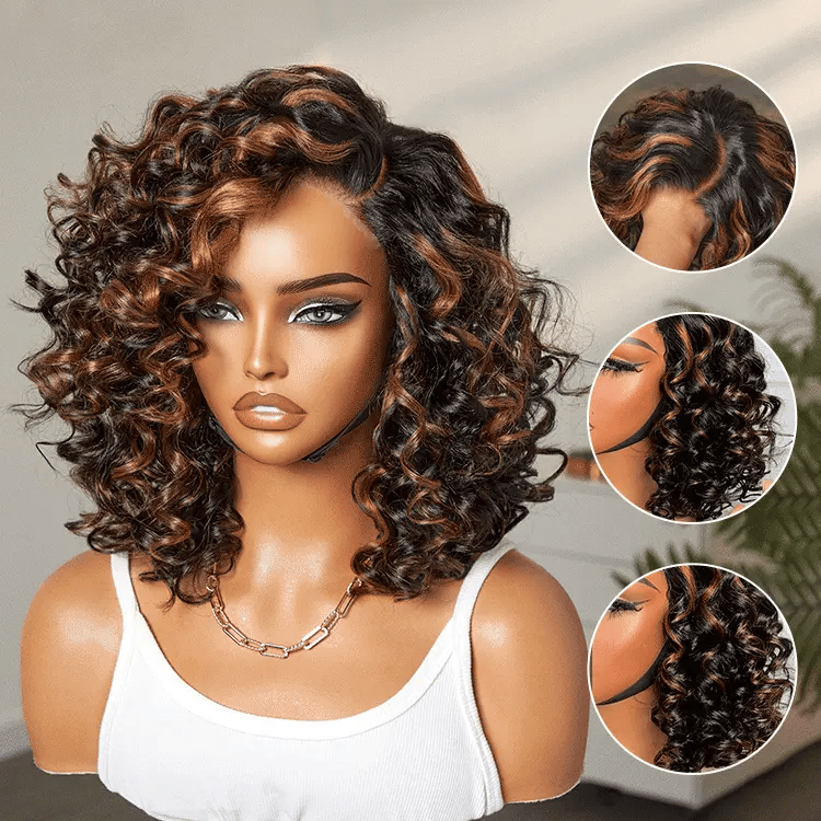 Onimehair™Effortless Elegance Copper Highlight / Natural Black Bouncy Curl Wig Minimalist HD Lace Glueless Wig Pre-Cut Lace