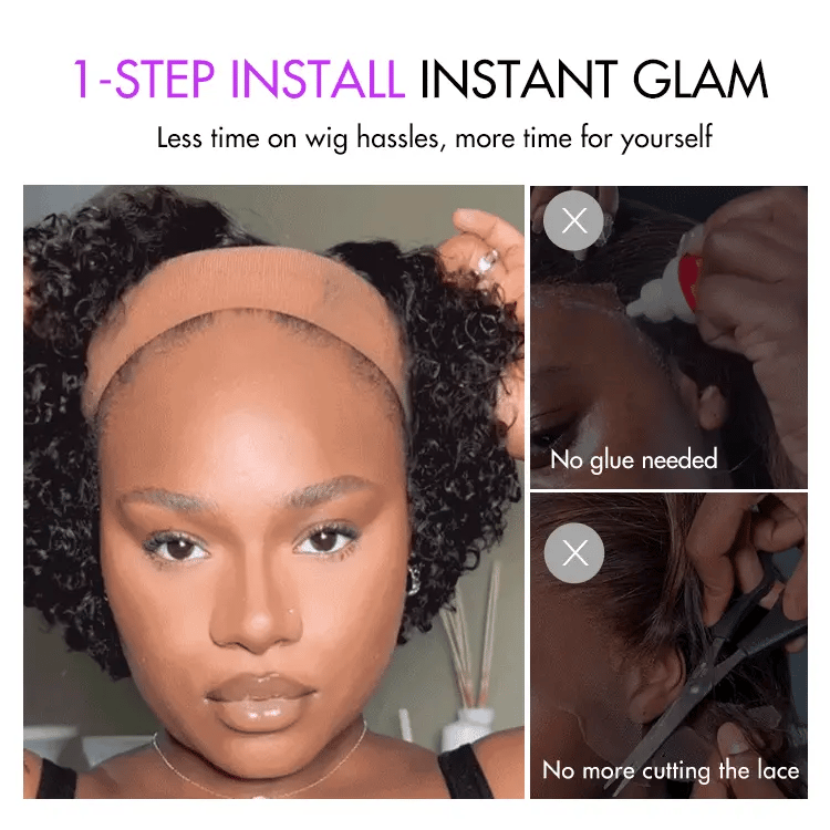 Onimehair™1 SEC INSTALL WIG | Honey Blonde Highlight / Natural Black Kinky Curly Glueless Minimalist HD Lace Classic Short Wig Pre-Cut Lace