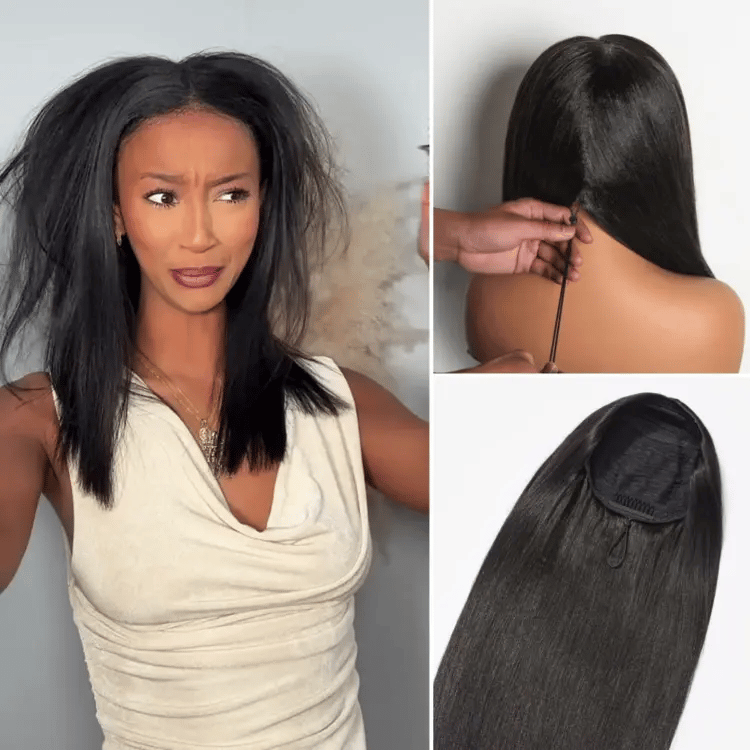 Onimehair™Too Easy Texture™ Wig 180% Density Yaki Straight Glueless Flexi-Fit Drawstring 3-In-1 Half Wig Human Hair