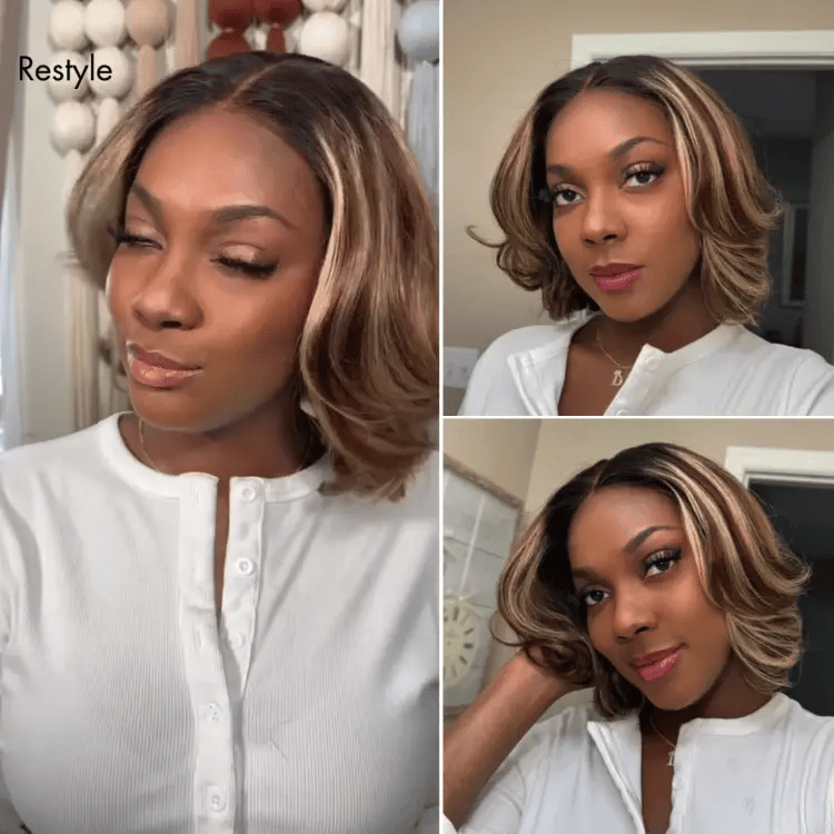 Blonde Highlight / Brown Highlight Short Layered Bob Wig Glueless 5x5 Closure Pre-Cut Lace Wig - Onime Hair