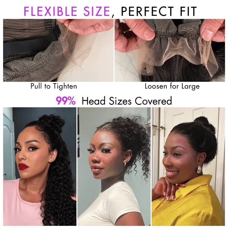 Onimehair™Water Wave 360 Lace Flexi-Fit Invisi Drawstring Cap Long Wig 100% Human Hair Pre-bleached & Pre-plucked & Pre-Cut Lace