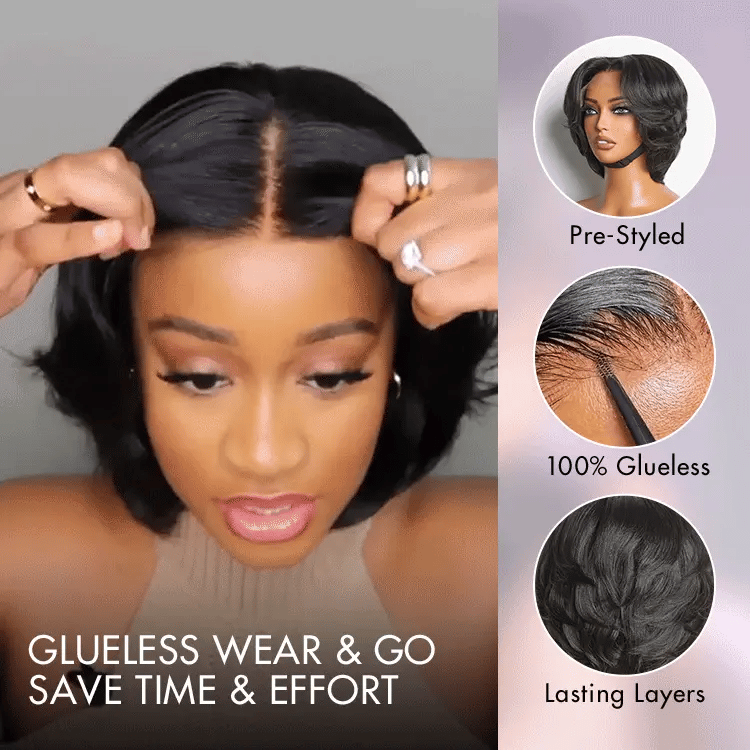 Onimehair™1 SEC INSTALL WIG | Elegant Boss Vibe Short Pixie Cut Natural Black / Ombre Brown Glueless Minimalist HD Lace Wig Pre Cut Lace