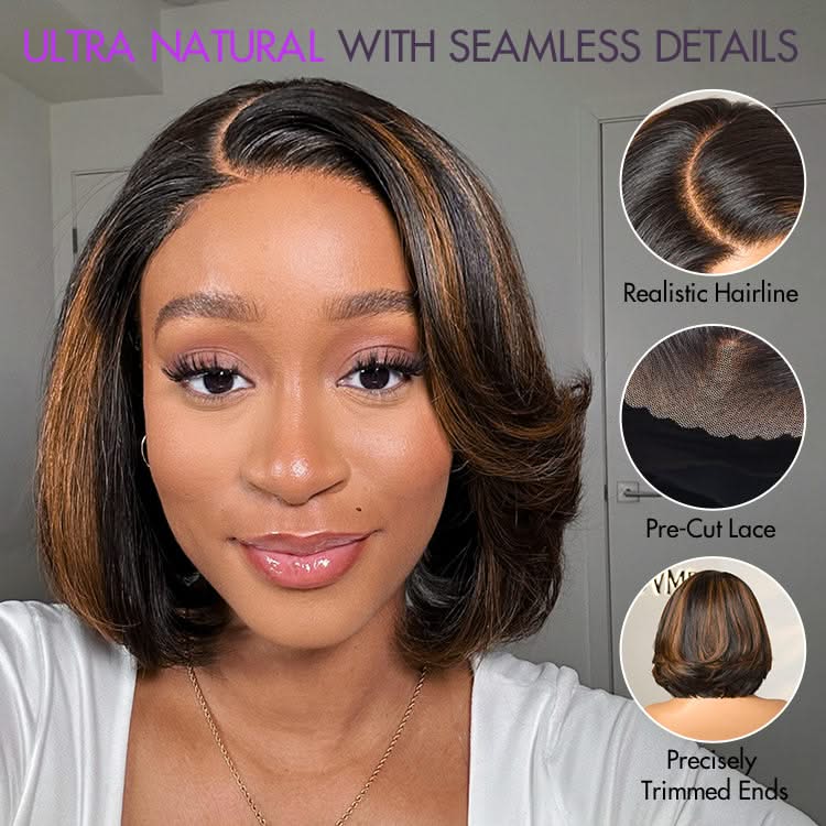 Onimehair™ Brown Highlight Layered Bob Blowout Glueless 5x5 Lace Closure Wig 100% Human Hair Pre-Cut Lace - Onime Hair