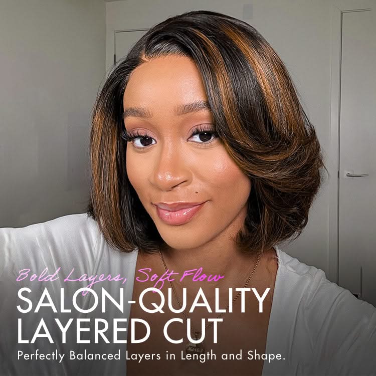 Onimehair™ Brown Highlight Layered Bob Blowout Glueless 5x5 Lace Closure Wig 100% Human Hair Pre-Cut Lace - Onime Hair