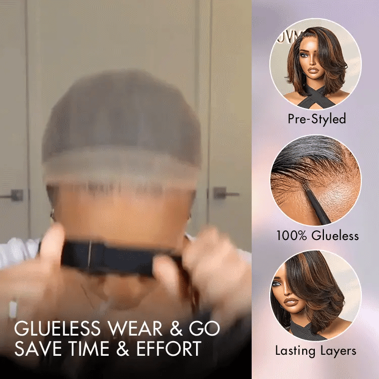 Onimehair™Trendy Brown Highlight Layered Bob Blowout Glueless 5x5 Lace Closure Wig 100% Human Hair Pre-Cut Lace