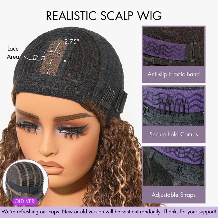 Onimehair™Beginner Friendly Ash Blonde Highlights Water Wave True Scalp Minimalist Lace Glueless Curly Wig with Bangs