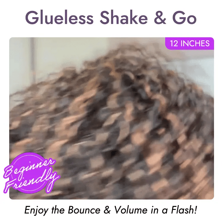 Onimehair™1 SEC INSTALL WIG | Brown Highlight Water Wave Natural Scalp Glueless Minimalist Lace Short Curly Wig with Bangs