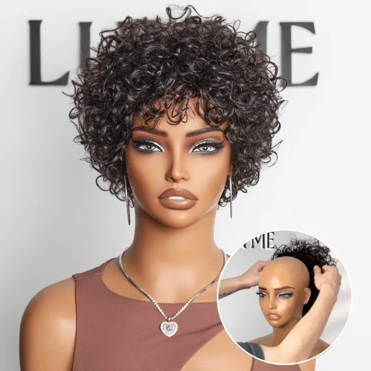Onimehair™Throw On & Go Brown Highlight / Natural Black Short Bouncy Curls with Bangs Glueless Wig 100% Human Hair - US Only