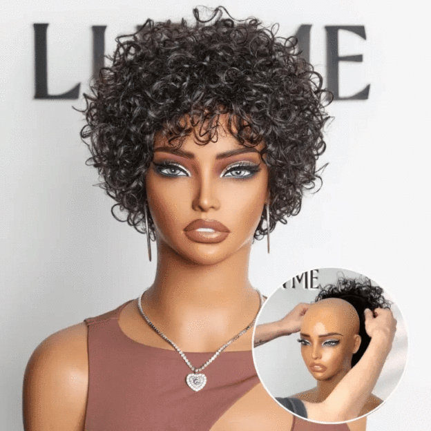 Onimehair™Throw On & Go Brown Highlight / Natural Black Short Bouncy Curls with Bangs Glueless Wig 100% Human Hair - US Only
