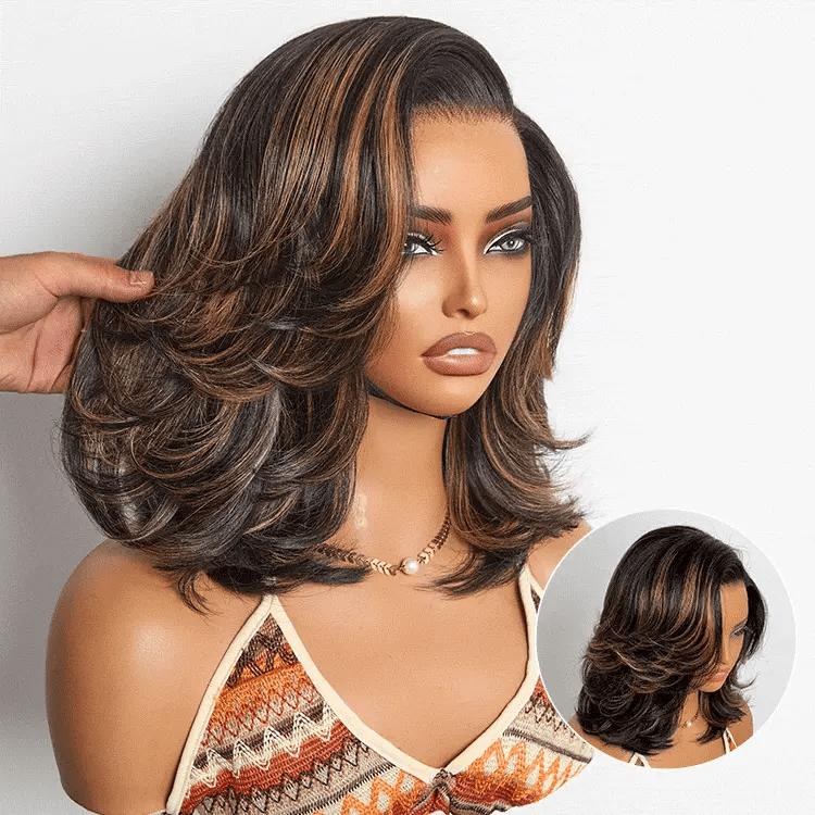 Onimehair™Brown Highlight Layered Haircut Wavy Glueless Minimalist HD Lace Wig Pre-Cut Lace