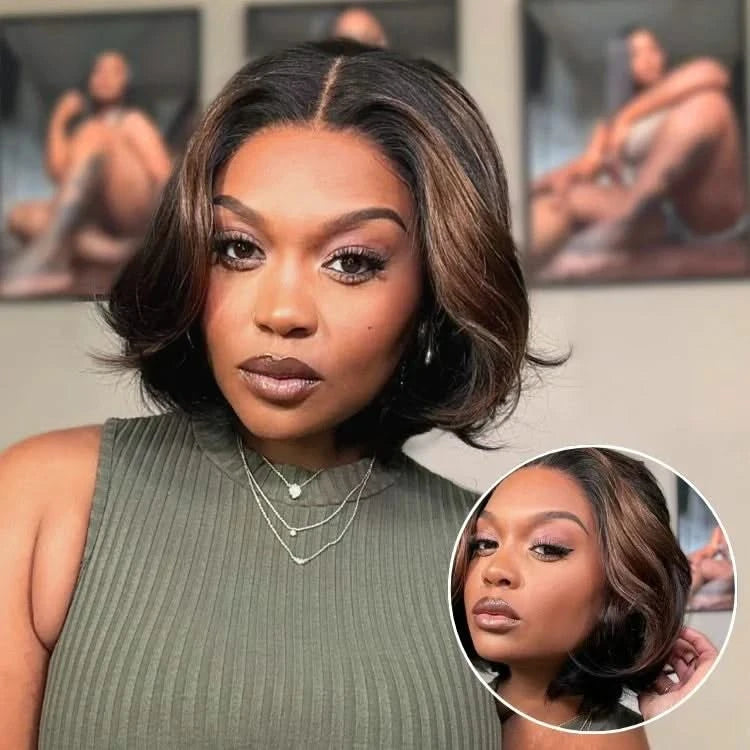 Blonde Highlight / Brown Highlight Short Layered Bob Wig Glueless 5x5 Closure Pre-Cut Lace Wig - Onime Hair