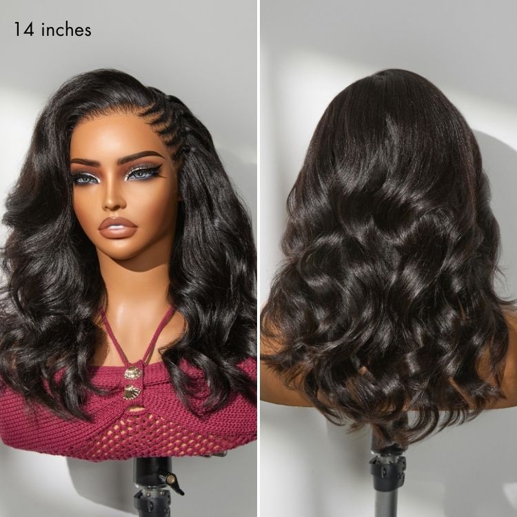 Onimehair™ Side Braided Yaki Body Wave Glueless Ear-to-ear 13x6 Frontal HD Lace Wig Human Hair Flexi-Fit Drawstring Cap