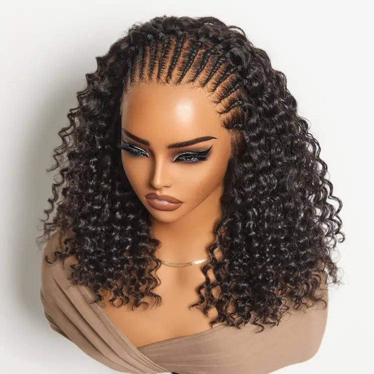 Onimehair™ Knotless Fulani Braids Deep Wave Glueless Ear-to-ear 13x4 Frontal HD Lace Wig Human Hair