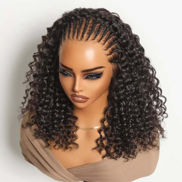Onimehair™ Knotless Fulani Braids Deep Wave Glueless Ear-to-ear 13x4 Frontal HD Lace Wig Human Hair