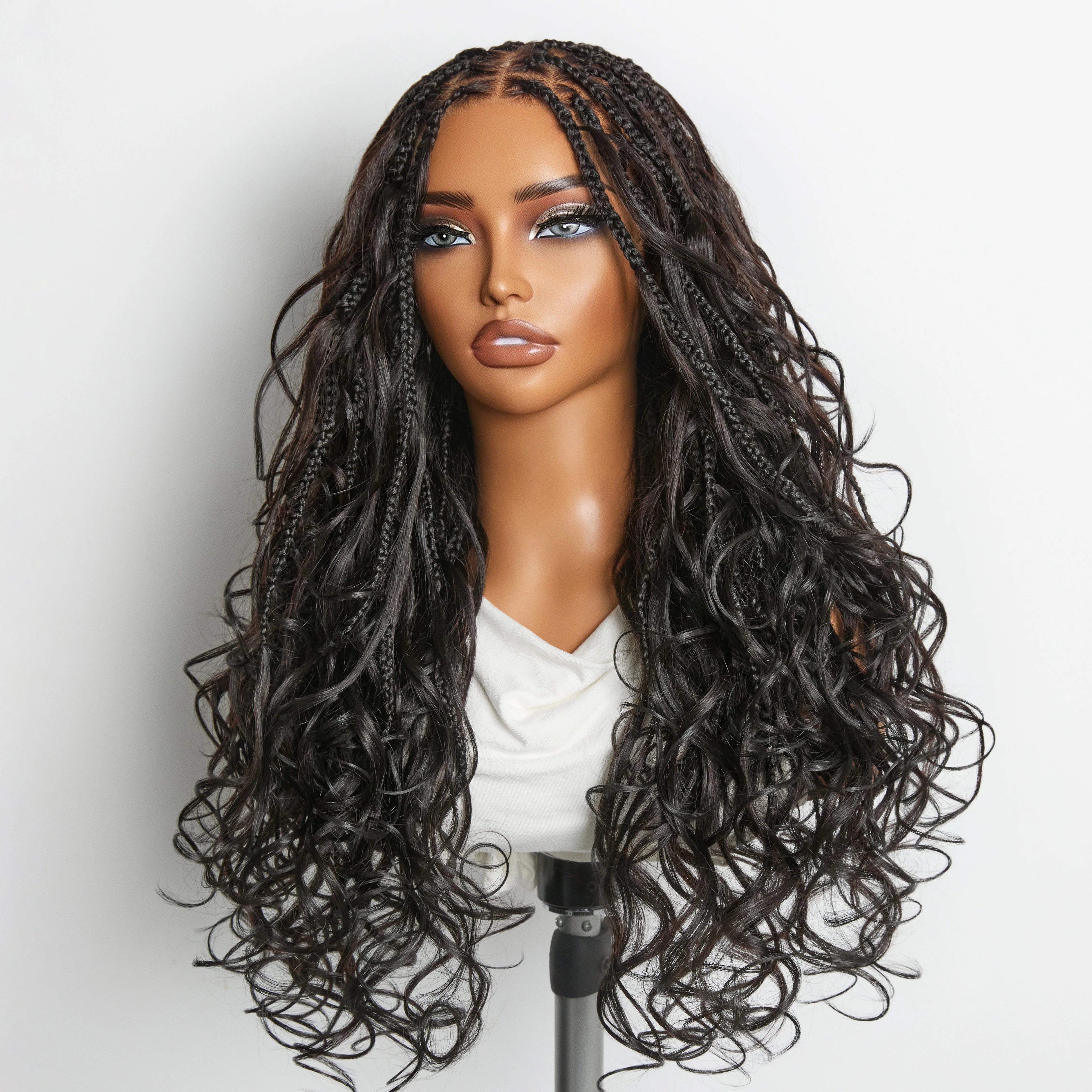 Onimehair™ Ombre Honey Blonde French Curl Knotless Boho Braids HD Full Lace Long Wig Flexi Fit Invisi Drawstring Cap - US Only