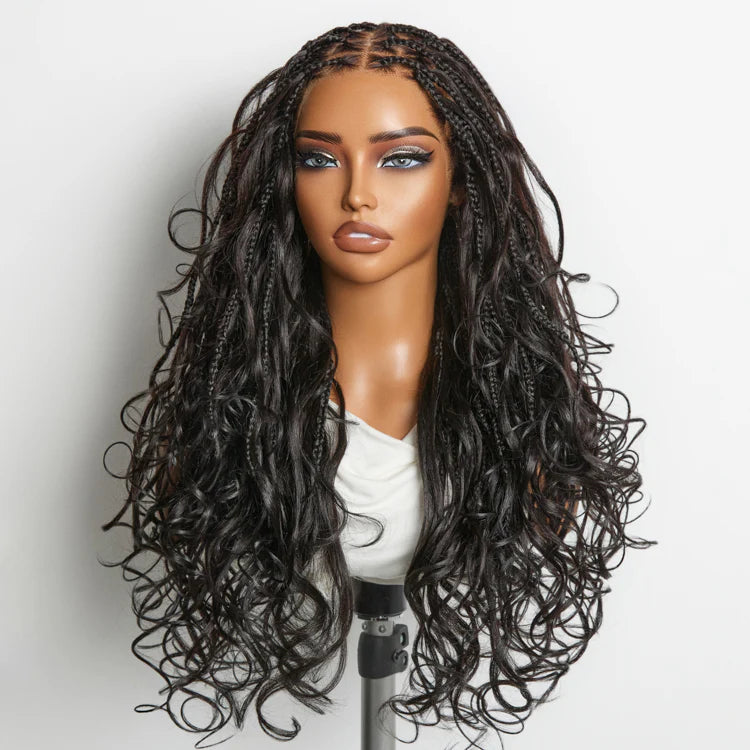 Onimehair™ Ombre Honey Blonde French Curl Knotless Boho Braids HD Full Lace Long Wig Flexi Fit Invisi Drawstring Cap - US Only