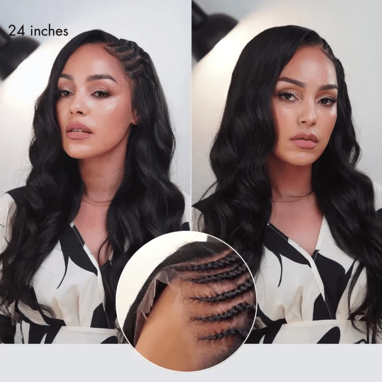 Side Braided Yaki Body Wave Glueless Ear-to-ear 13x6 Frontal HD Lace Wig Human Hair Flexi-Fit Drawstring Cap - Onime Hair