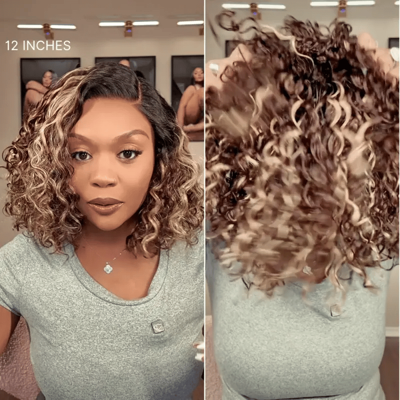 Ready to Go Blonde Highlight / Natural Black Water Wave Short Curly Bob Wig Glueless Minimalist HD Lace Wig Pre-Cut Lace - Onime Hair