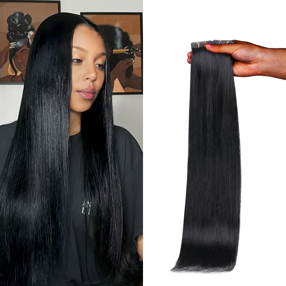 Onime Seamless Tape in Hair Extensions Silky Straight #1 Jet Black Virgin Human Hair
