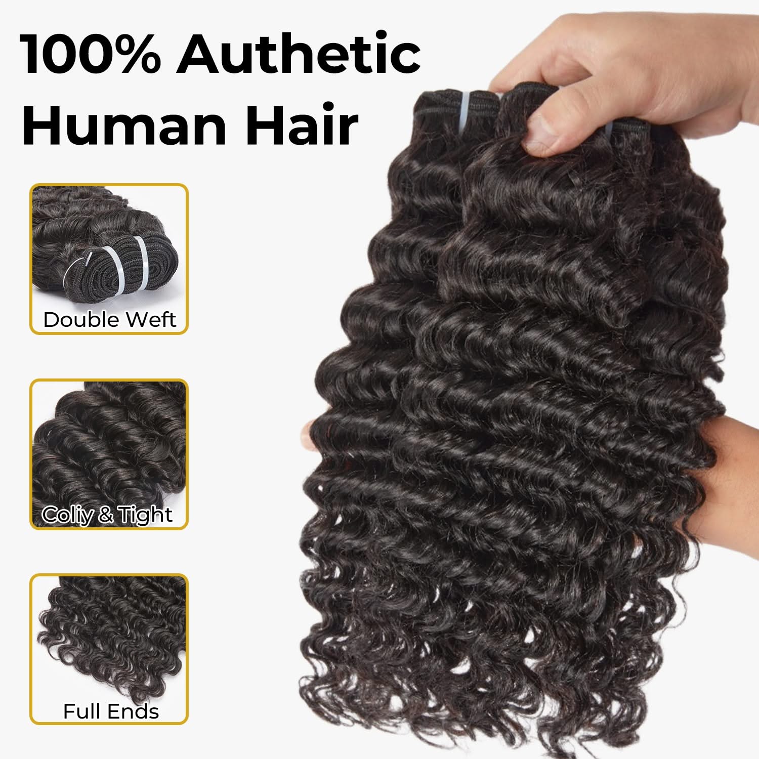 14-26” deep wavy human hair bundles in #1B natural black, showcasing big volume and a natural look.