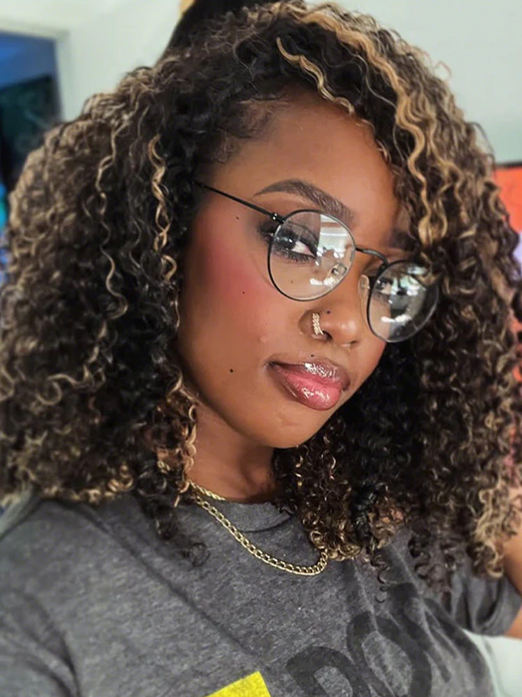 Onimehair™ 3 IN 1 Highlight Brown onimehair Curly Half Wig Draw-strings Flip Over Wig