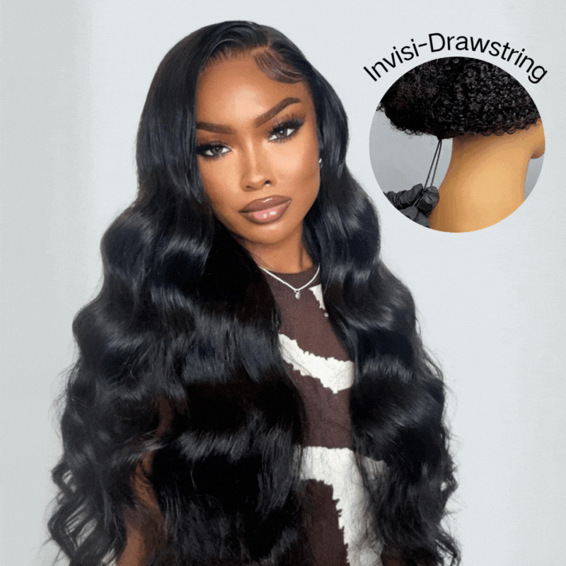 Onimehair™300% Density Glueless 3D Body Wave 7x5 / 13x4 HD Transparent Lace Pull And Go Invisible Drawstring Human Hair Wigs With Natural Hairline