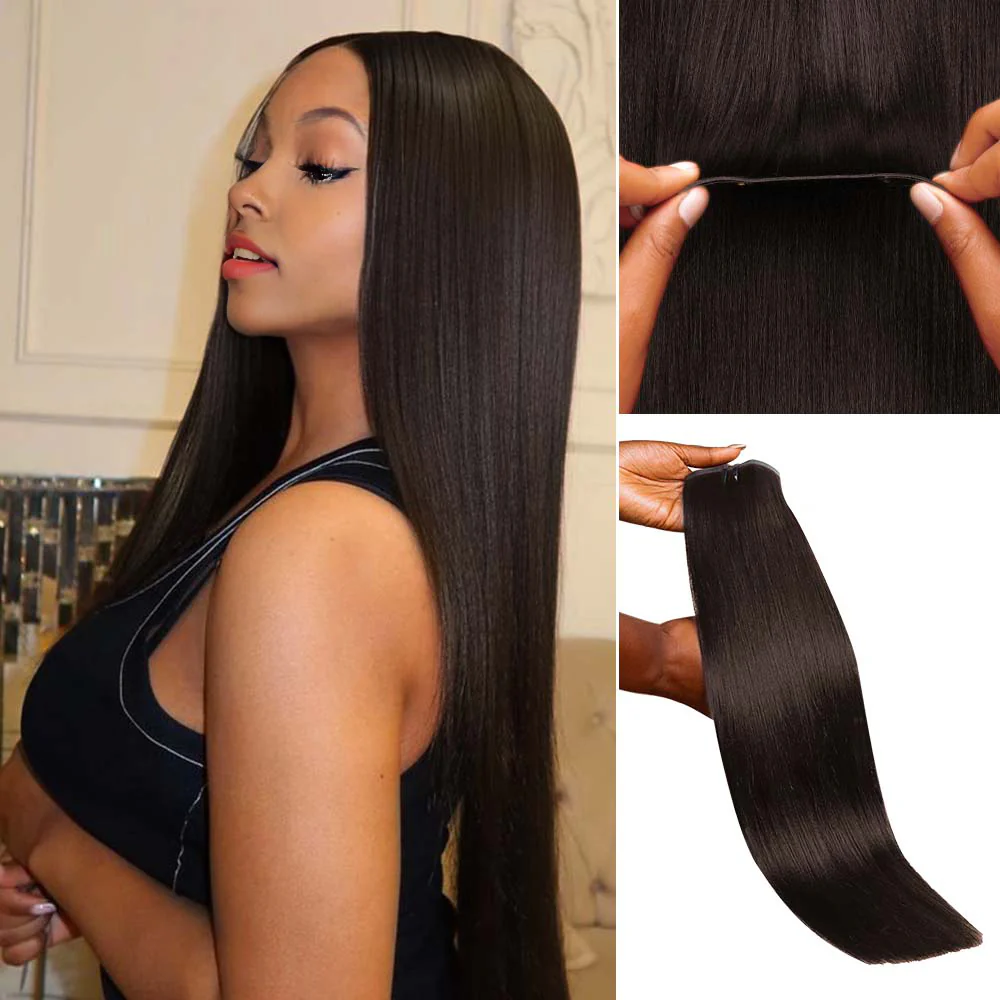 Onime Seamless Clip in Hair Extensions Super Flat Yaki Straight #2 Dark Brown Real Human Hair
