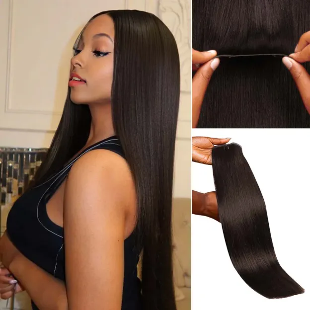 Onime Seamless Clip in Hair Extensions Super Flat Yaki Straight #2 Dark Brown Real Human Hair