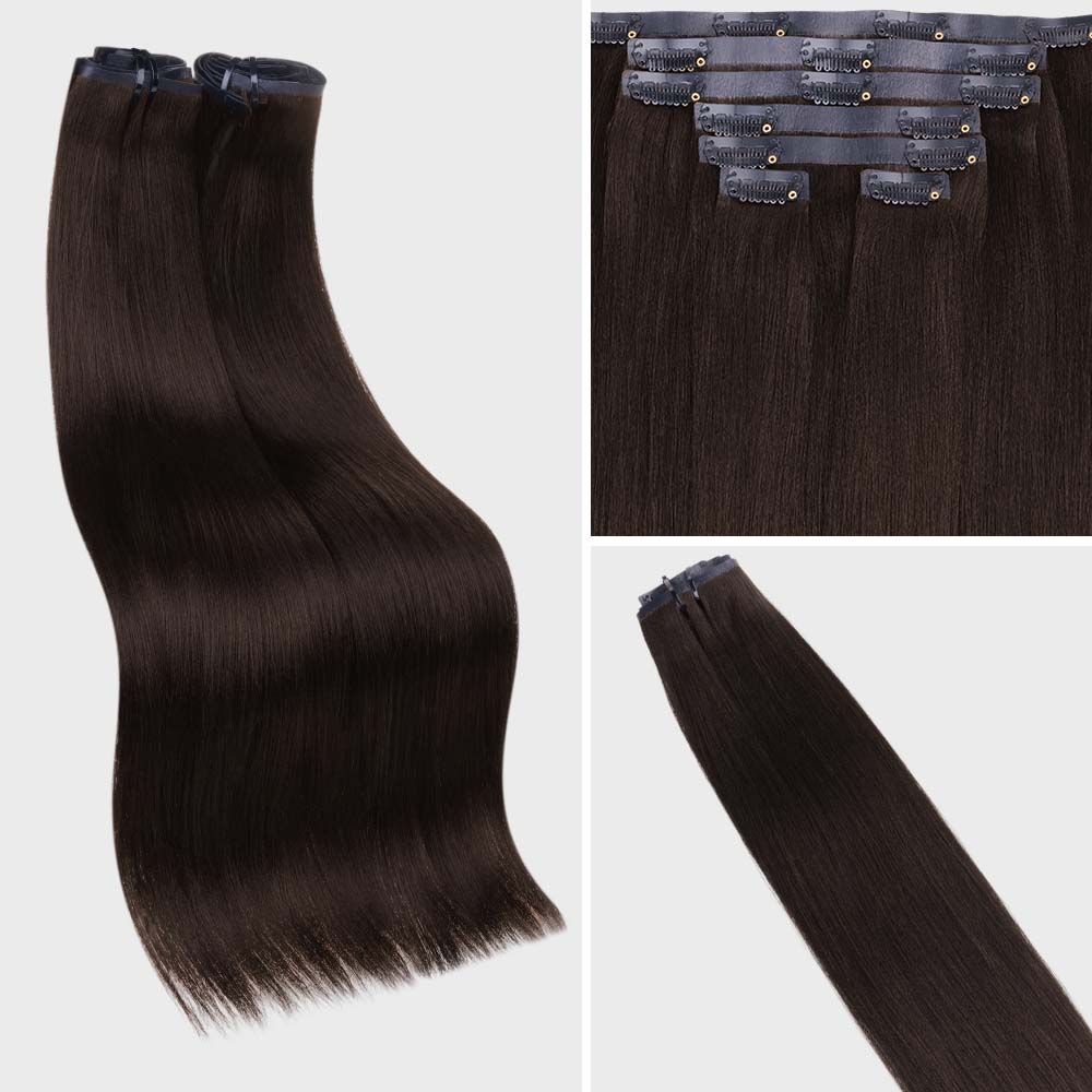 Onime Seamless Clip in Hair Extensions Super Flat Yaki Straight #2 Dark Brown Real Human Hair