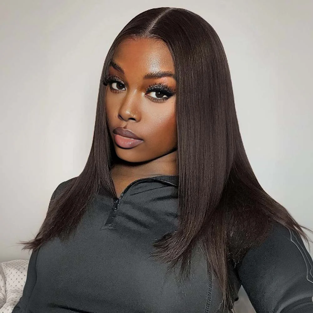 Onime Seamless Clip in Hair Extensions Super Flat Yaki Straight #2 Dark Brown Real Human Hair