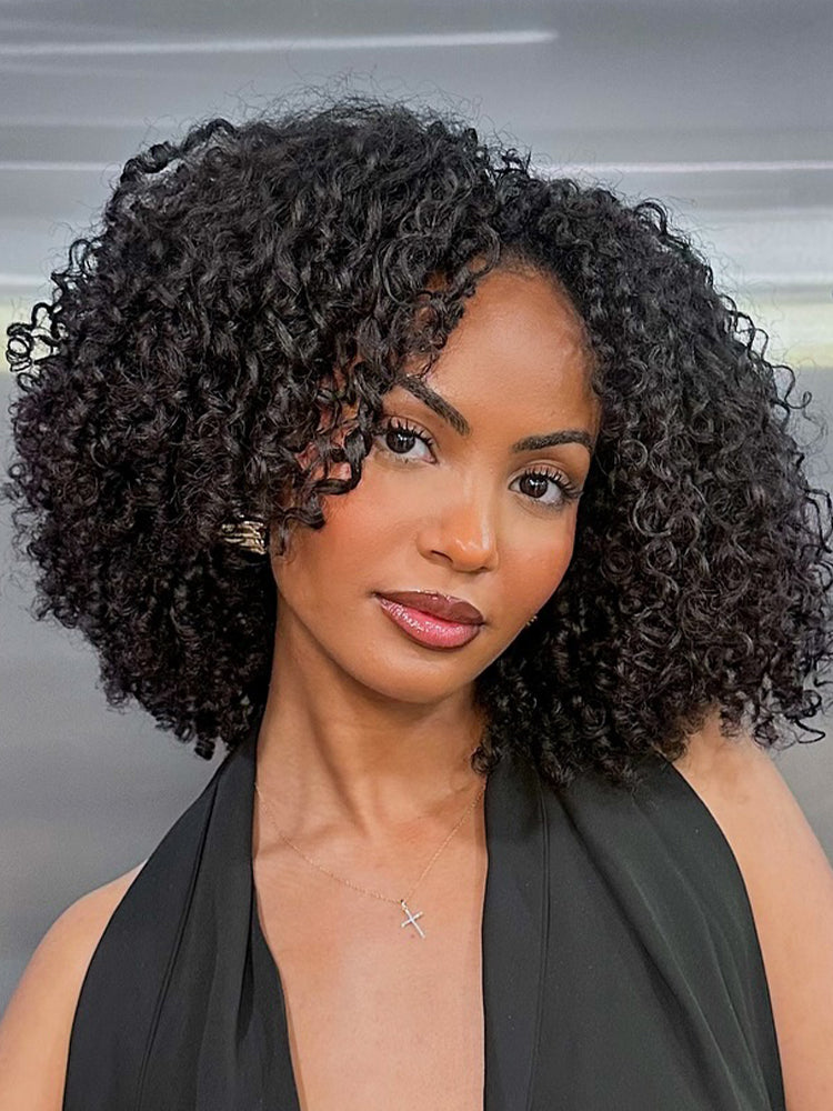 Onimehair™ 3 In 1 Half Wig Layered Curly Bob Pre-Styled Kinky Curly Half Wig Draw-strings Flip Over Wig