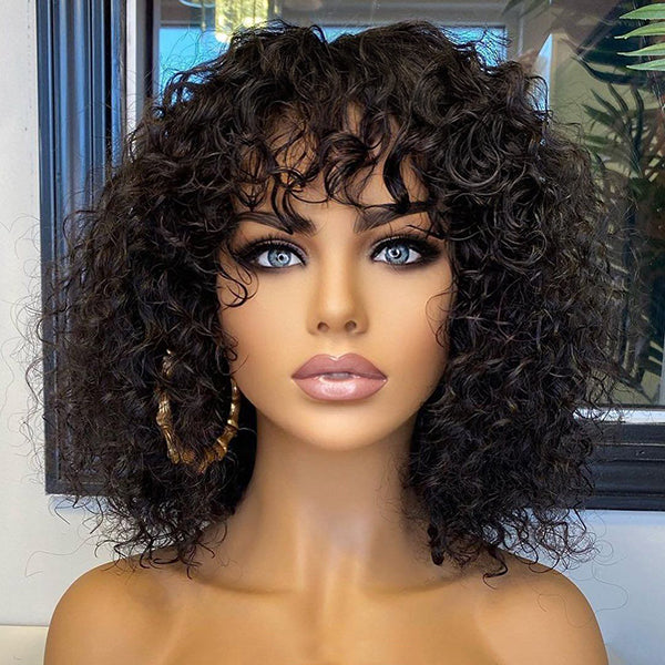 Onimehair™Beginner Friendly Water Wave Minimalist Lace Glueless Short Curly Wig with Bangs