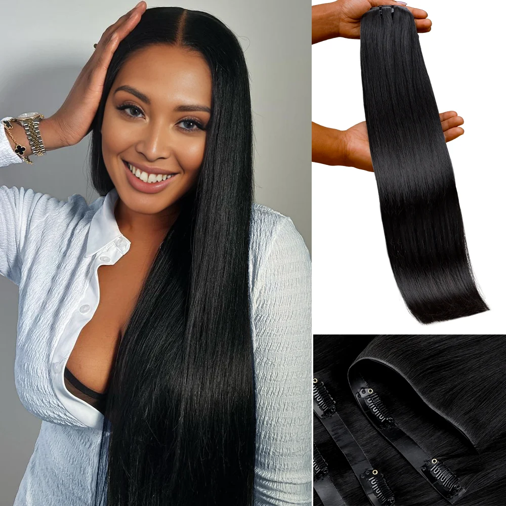 Onime Invisi Edge Seamless Clip in Hair Extensions Silky Straight #1 Jet Black Real Human Hair