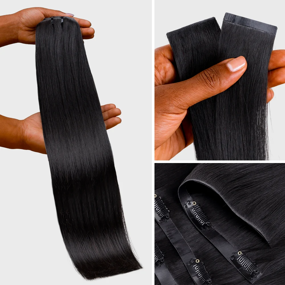 Onime Invisi Edge Seamless Clip in Hair Extensions Silky Straight #1 Jet Black Real Human Hair