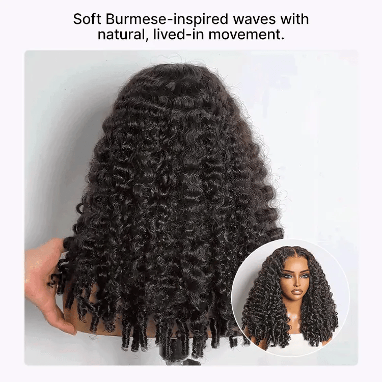 Burmese curly wig with 200% density, 5x5 HD lace closure, glueless pre-cut lace, on mannequin head showing curly hairstyle