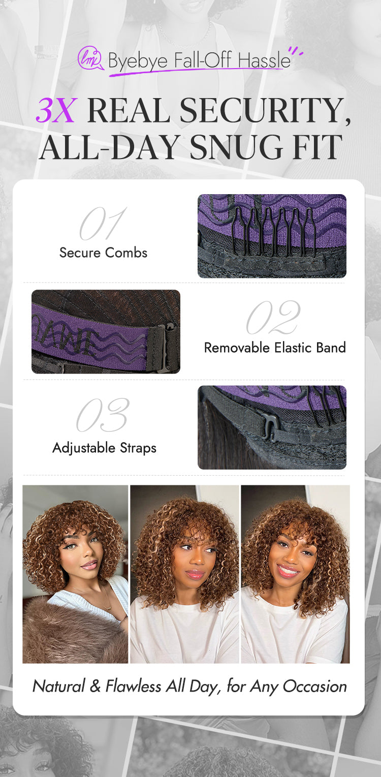Beginner Friendly Ash Blonde Highlights Water Wave True Scalp Minimalist Lace Glueless Curly Wig with Bangs-43