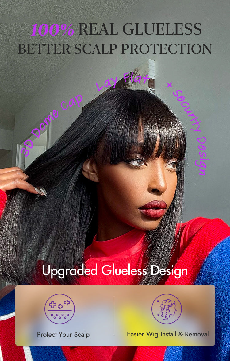 New Customers Only | Put On and Go Realistic Glueless Yaki Straight Bob with Bangs Minimalist Lace Wig 100% Human Hair-28