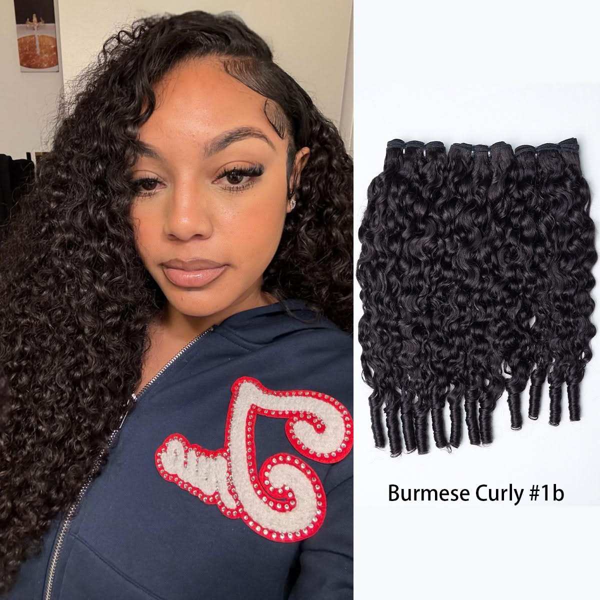 Easy Blend Burmese curly human hair bundles in natural black, showcasing soft, bouncy curls from 14 to 26 inches.