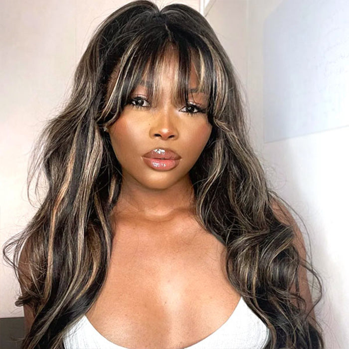 Highlights Body Wave Wig with Bangs from onimehair, glueless, throw-on-and-go style with natural waves and bangs.