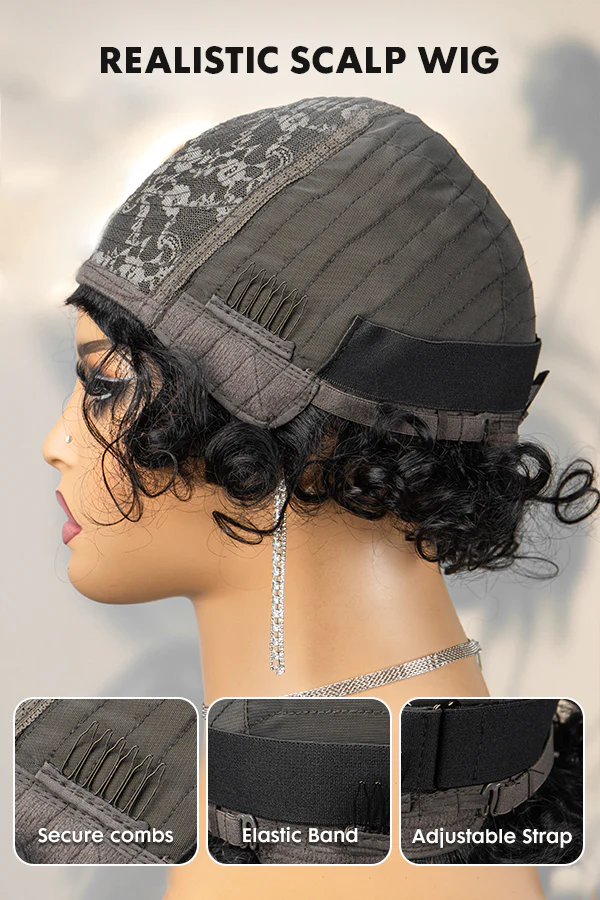 Onime Throw On & Go Short Curly with Bangs Wig Ultra Comfort Cotton Cap Glueless Hair