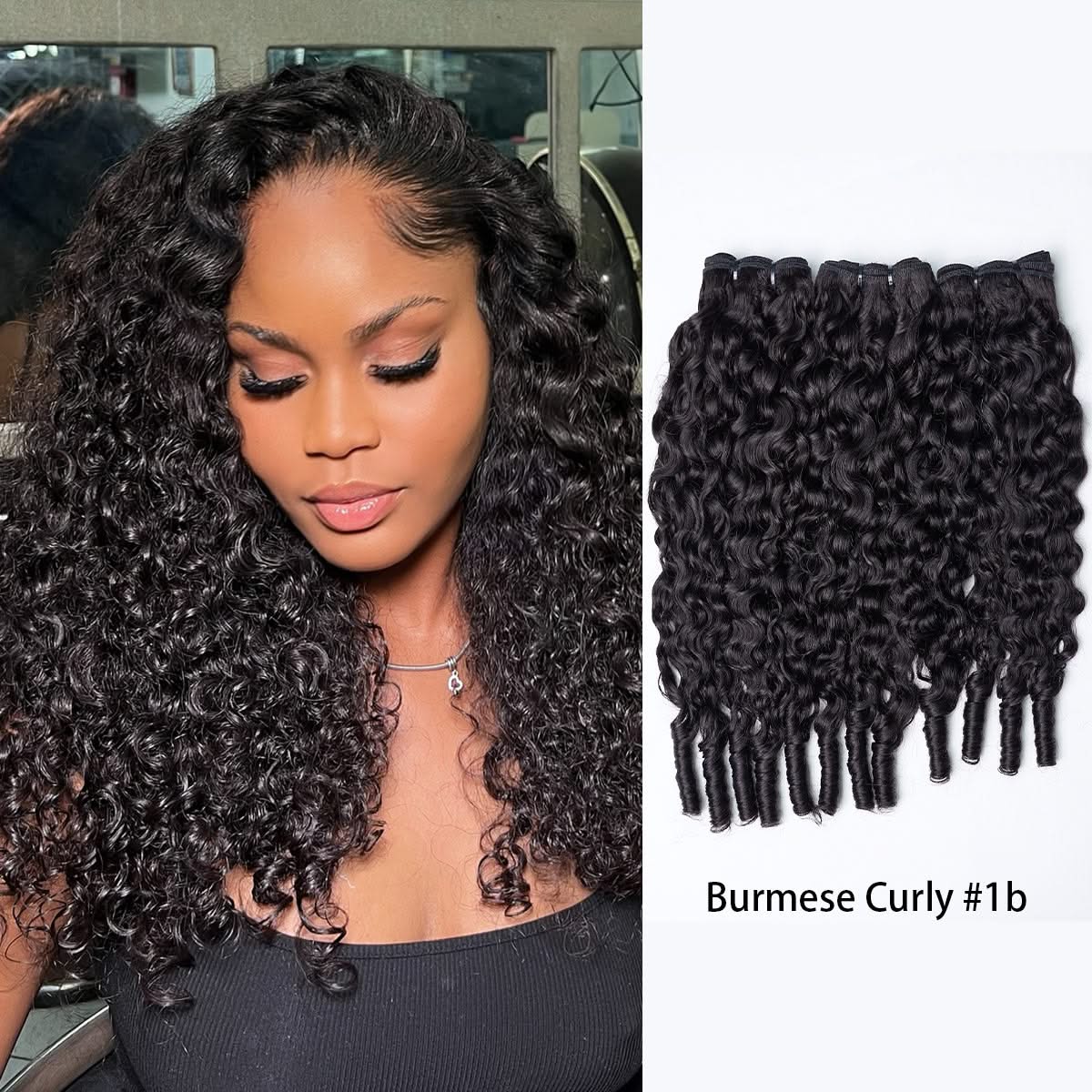 Easy Blend Burmese Curly Human Hair Bundles in Natural Black, showcasing soft, bouncy curls from 14 to 26 inches.