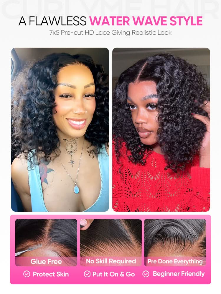 Onimehair™ Water Wave Bob Glueless Wig Wear Go 13x4 HD Lace Pre Cut Lace Wig - Onime Hair
