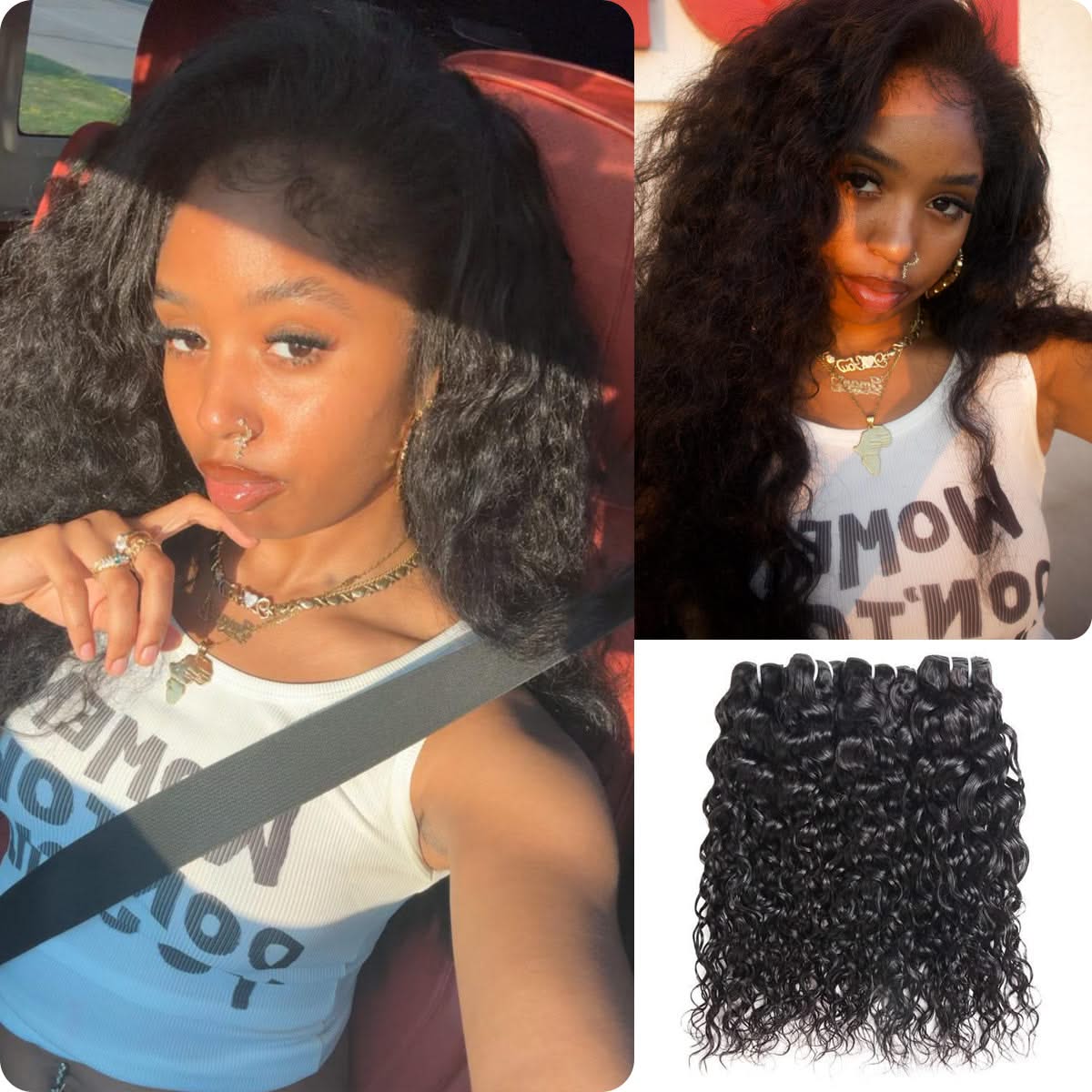 Natural black water wave hair bundles in soft, flowing texture, ranging from 12 to 28 inches.