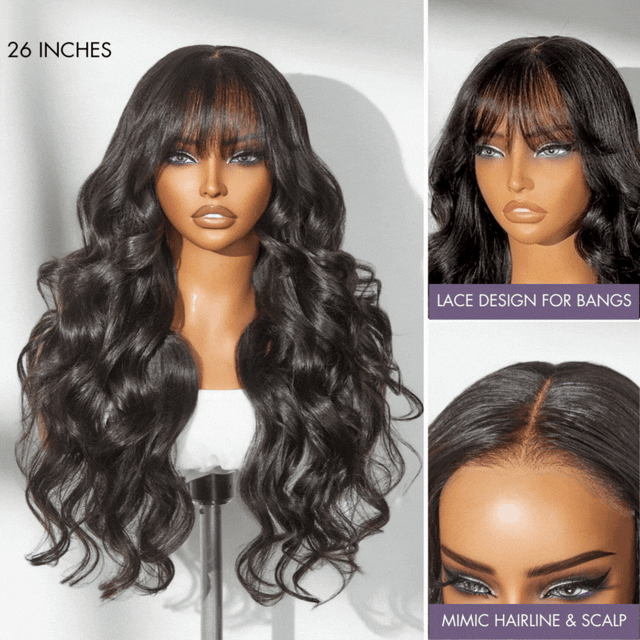 All-Day Comfort™ Wig Density Loose Body Wave Glueless5x5 Closure HD Lace Human Hair Wig with Bangs Pre-Cut Lace - Onime Hair